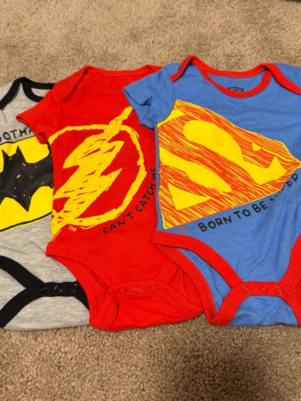 Justice Superhero Trio Onesies - Blue, Red, Gray